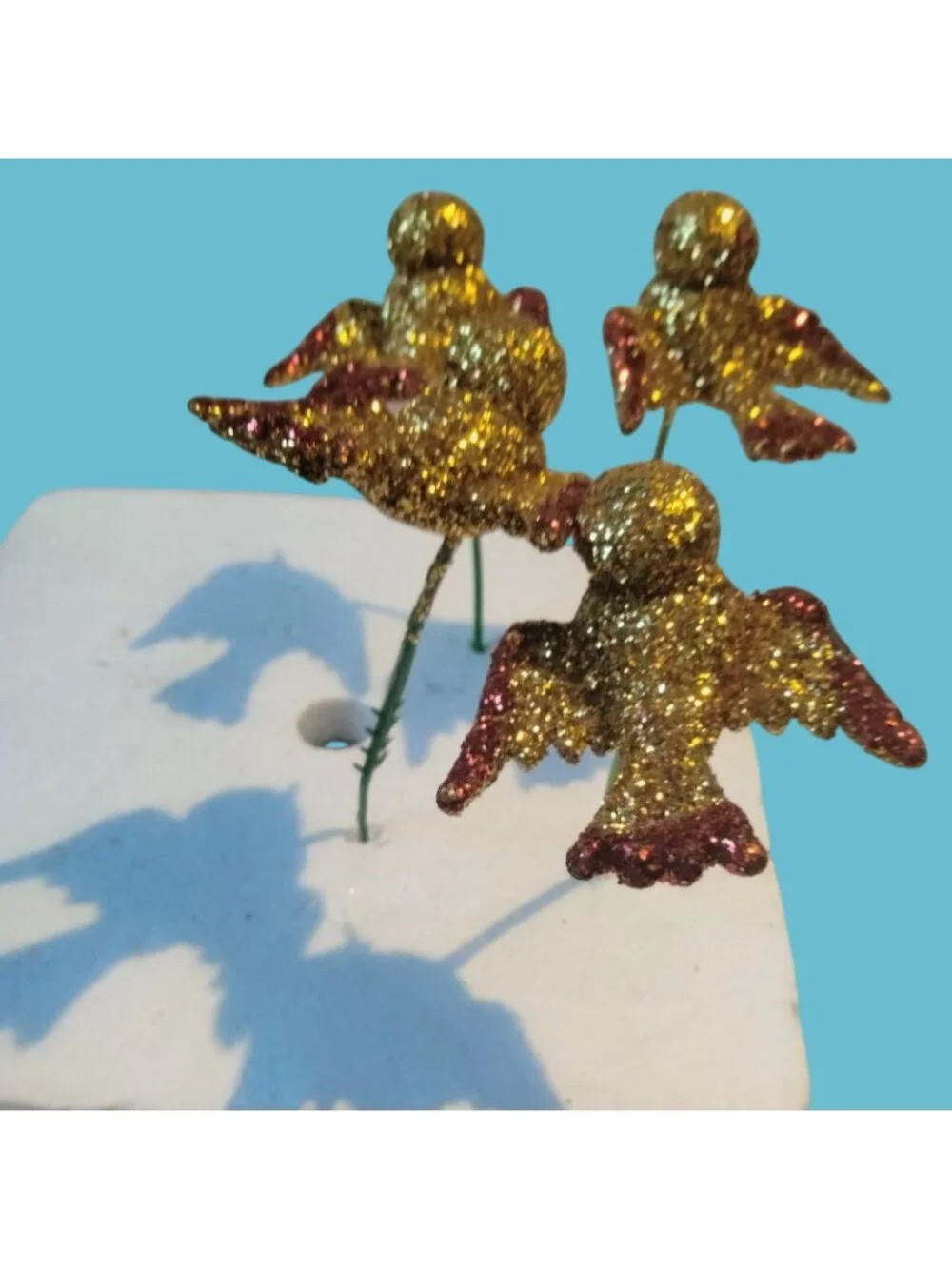 Glitter Gold Bird Ornament Green Wire Stem Decoration Crafting Lot 4